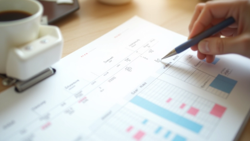 Calendrier avec un plan sur 30 jours marqué au stylo bleu, café à proximité, vue aérienne sur un bureau de travail