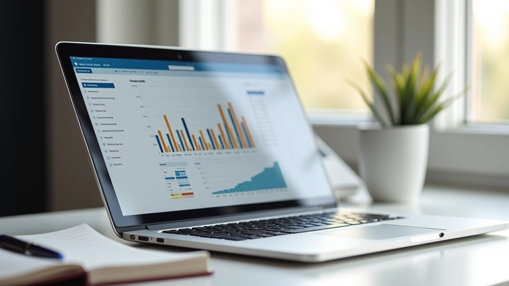 Écran d'ordinateur montrant un tableau de bord d'analyse avec graphiques de croissance progressive, cahier de notes à côté, bureau minimaliste, lumière naturelle
