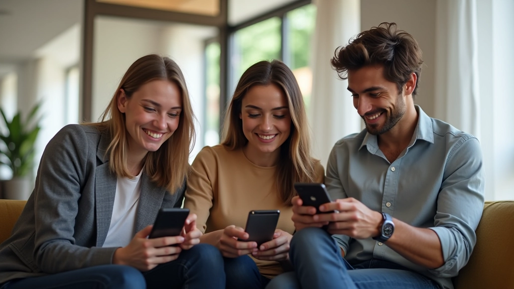 Trois personnes différentes assises ensemble, souriant, tenant des smartphones, environnement de co-working lumineux, fenêtres grandes, diversité de l'équipe, portrait de groupe de la poitrine vers le haut