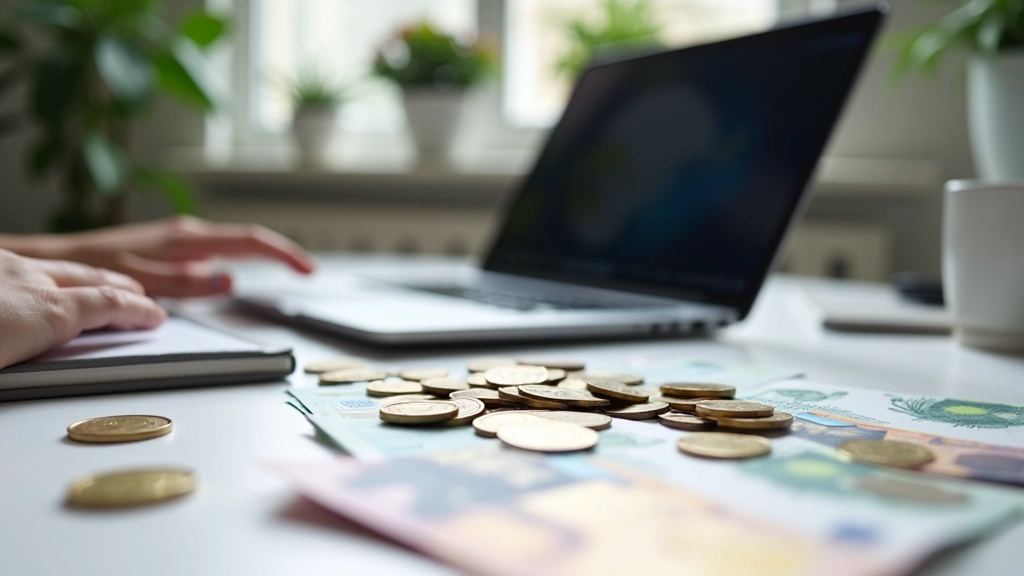 Clavier d'ordinateur avec des pièces de monnaie et des billets dispersés autour, représentant les gains en ligne