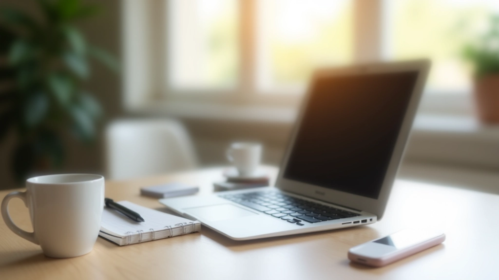 Ordinateur portable ouvert sur un bureau avec une tasse de café, montrant l'interface d'une plateforme de travail en ligne