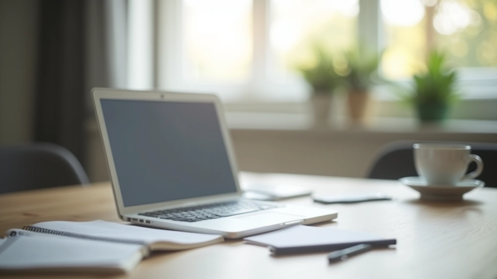 Espace de travail moderne avec ordinateur portable, carnets et stylos, représentant l'entrepreneuriat numérique et la documentation des méthodes de monétisation