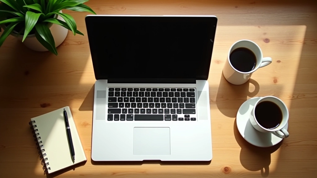 Bureau de travail à domicile avec ordinateur portable, cahier et café sous la lumière naturelle