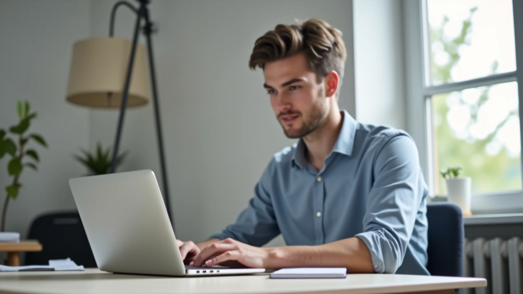 Personne assise à un bureau avec un ordinateur portable ouvert, prenant des notes, environnement de travail minimaliste