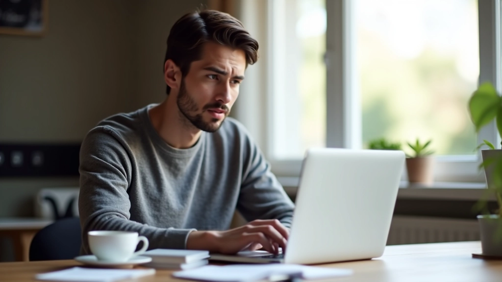 Personne frustré regardant un écran d'ordinateur avec une expression de confusion, bureau désorganisé