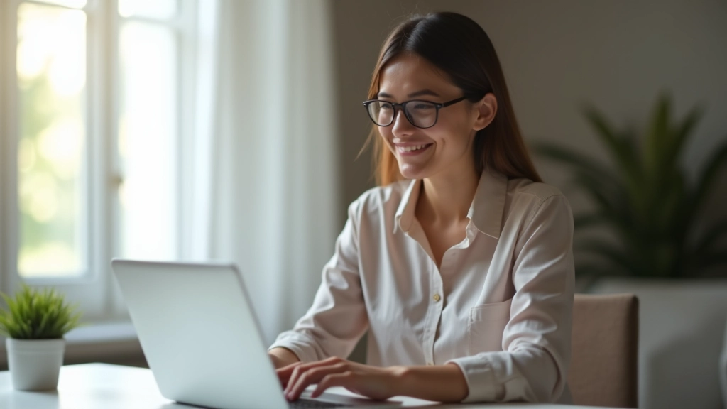 Femme travaillant sur son ordinateur portable dans un bureau à domicile moderne et lumineux