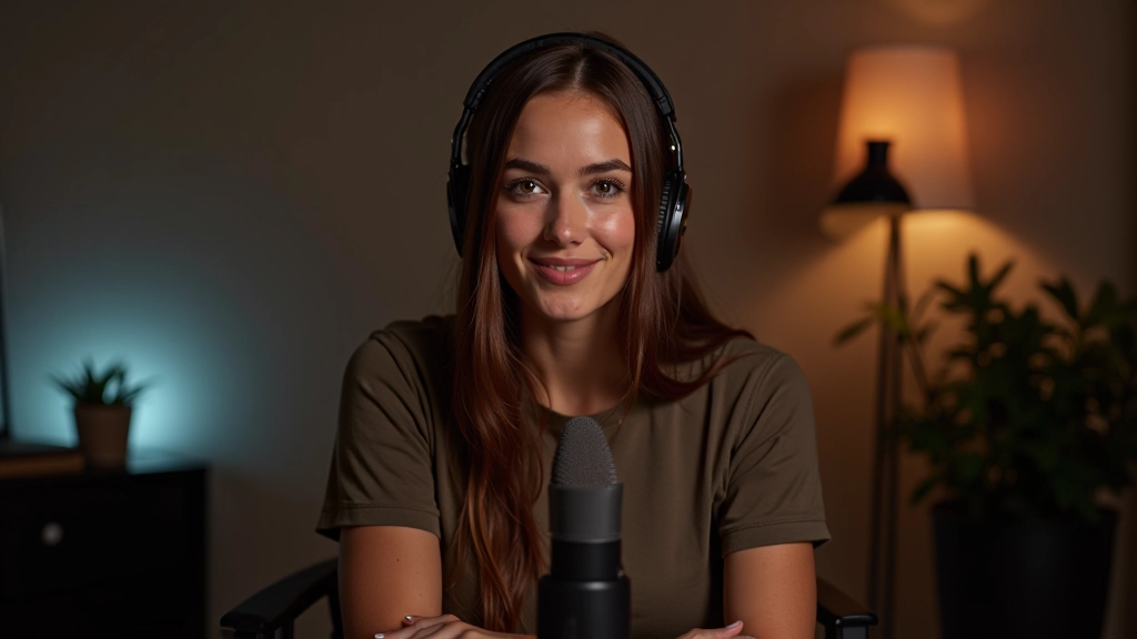 Femme créatrice assise devant un micro de podcast professionnel, écouteurs autour du cou, dans un studio créatif avec lumières LED douces, ordinateur visible, portrait de la poitrine vers le haut