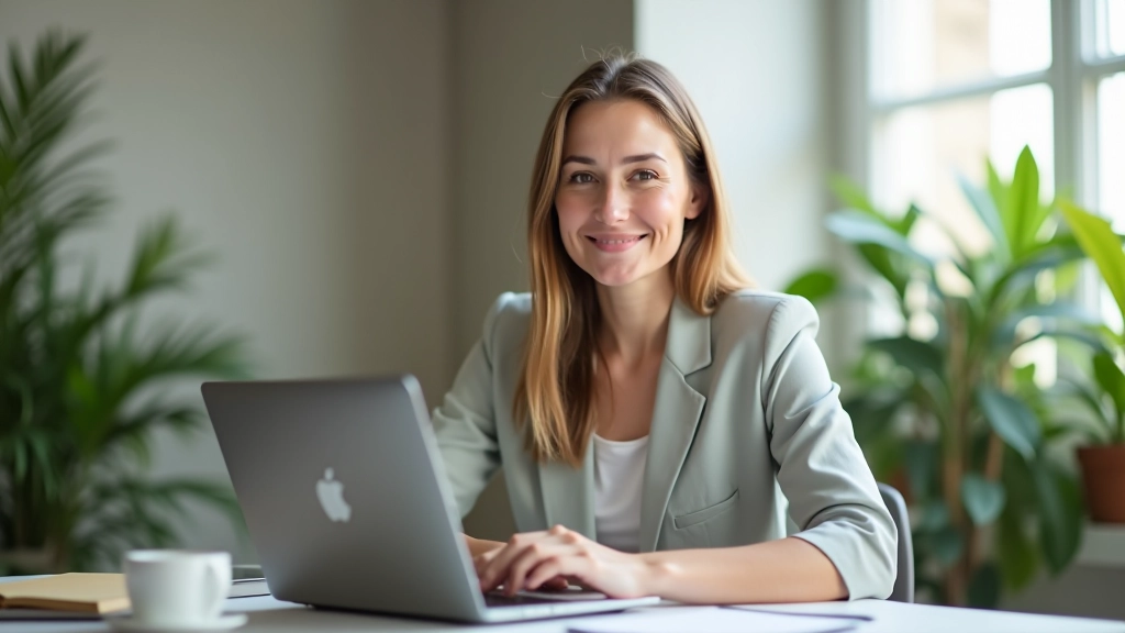 Femme professionnelle assise à un bureau, souriant, tenant un téléphone dans une main, ordinateur portable visible à l'arrière-plan, bureau lumineux avec plantes vertes, portrait de la poitrine vers le haut