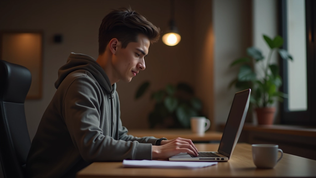 Jeune homme regardant un écran, concentré, tapant sur un clavier, table de travail avec plusieurs carnets, éclairage ambiant doux, vue latérale du profil